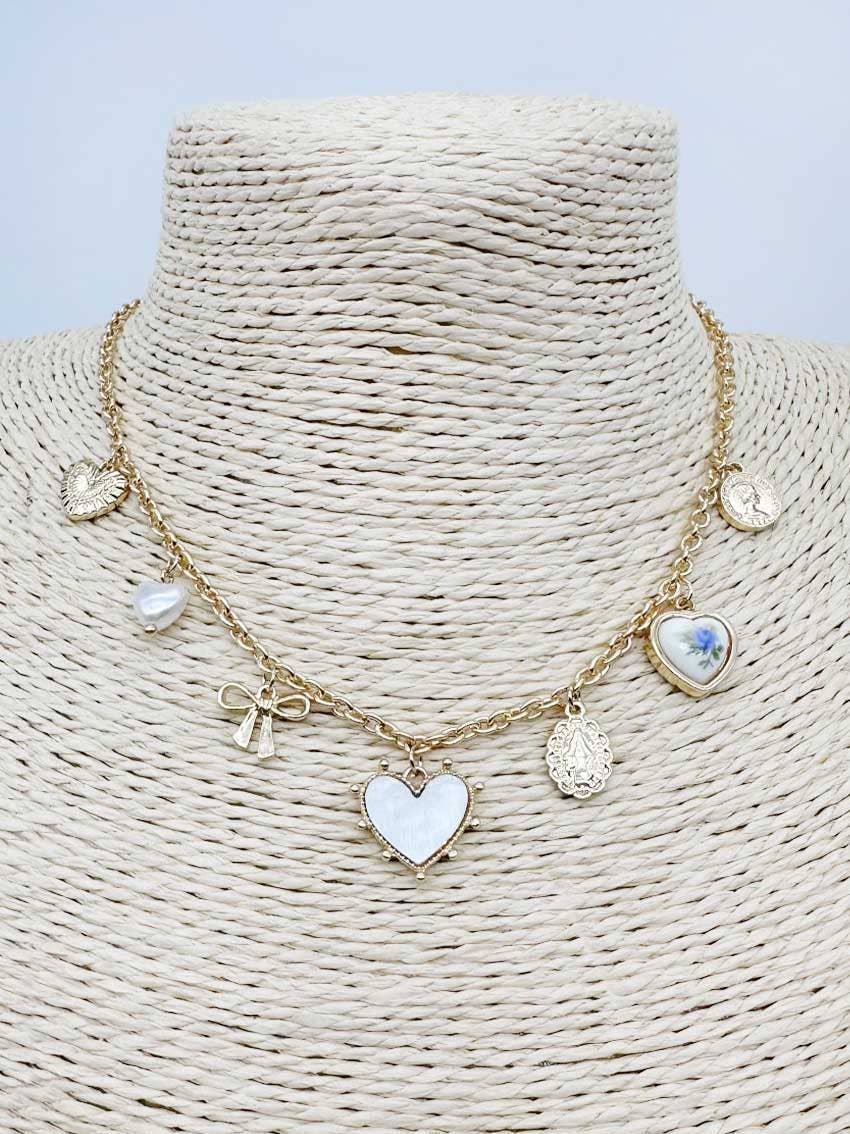 Pearlized Heart, Bow, and Crystal 16"-18" Charm Necklace