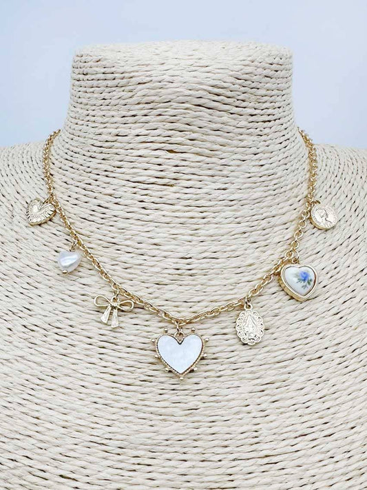Pearlized Heart, Bow, and Crystal 16"-18" Charm Necklace
