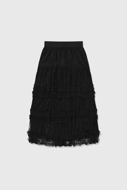 Ruffled Layers/Floral Lace Midi Skirt in Black
