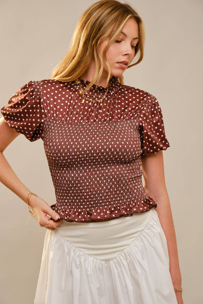 Polka Dot Smocked Mock Neck Top