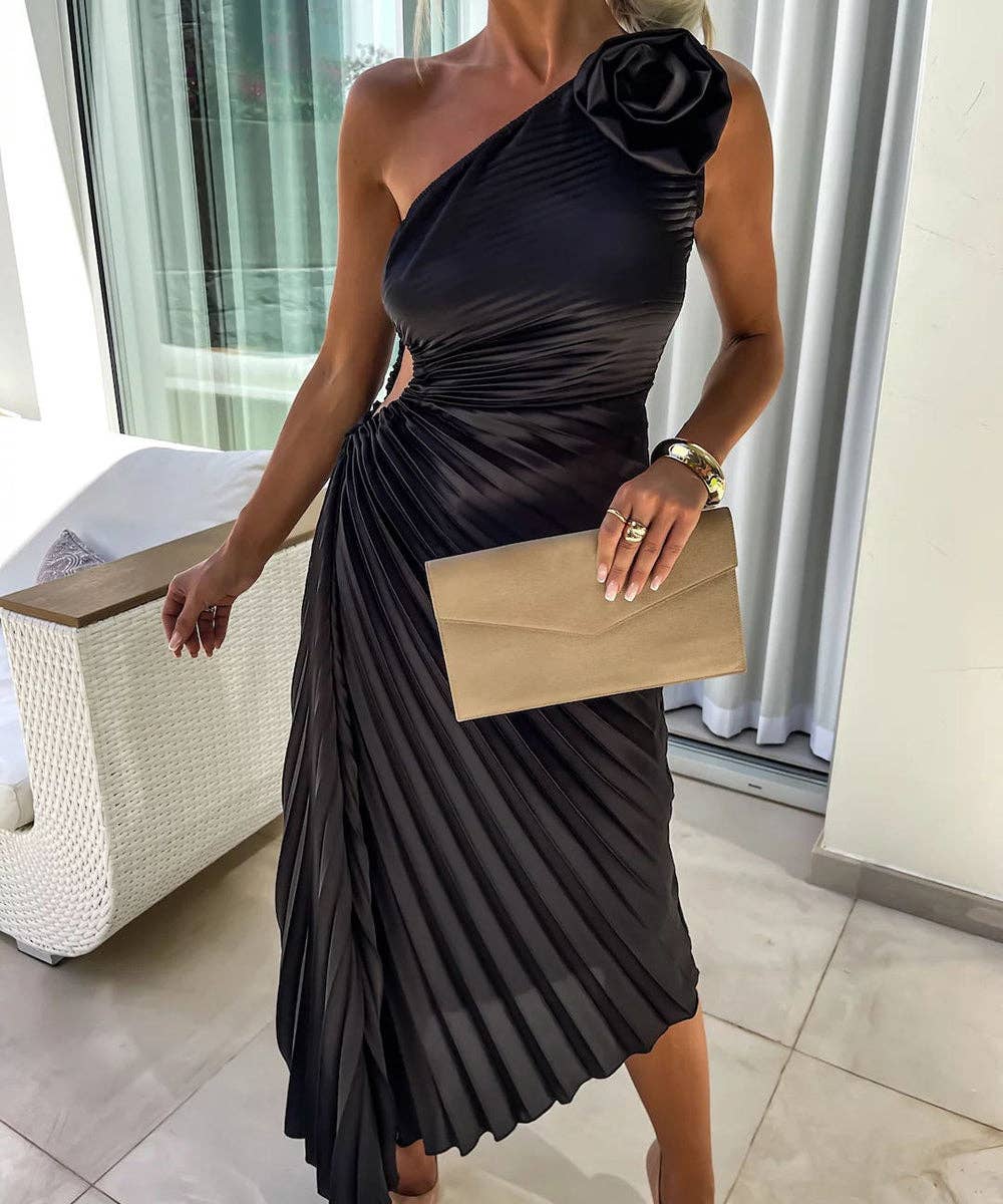 Asymmetric Shoulder Pleated Gown