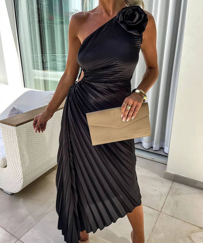 Asymmetric Shoulder Pleated Gown