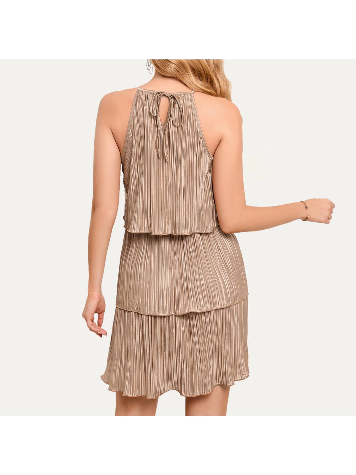 Always Attractive Crinkle Halter Tiered Mini Dress