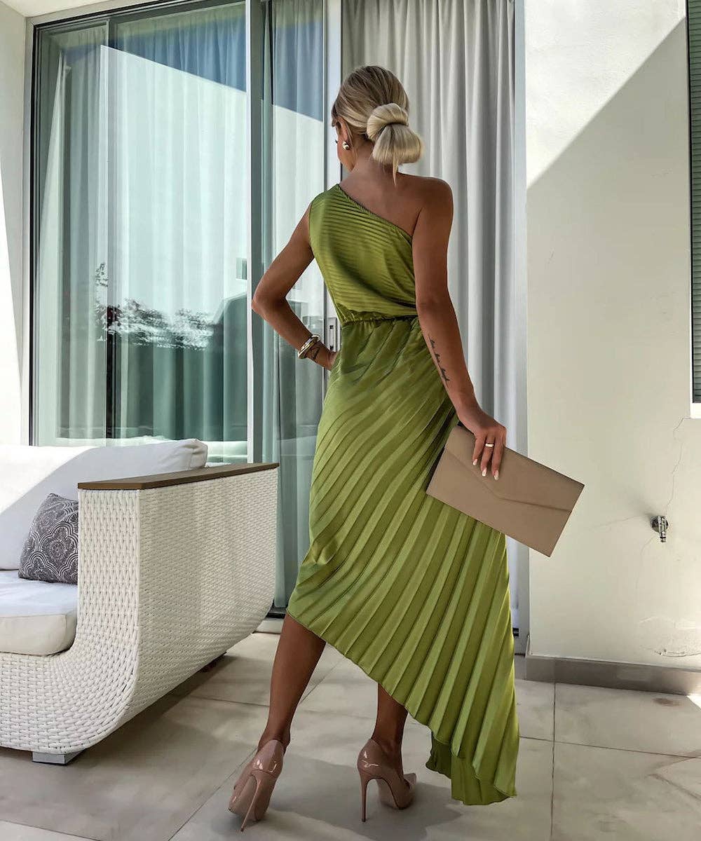 Asymmetric Shoulder Pleated Gown