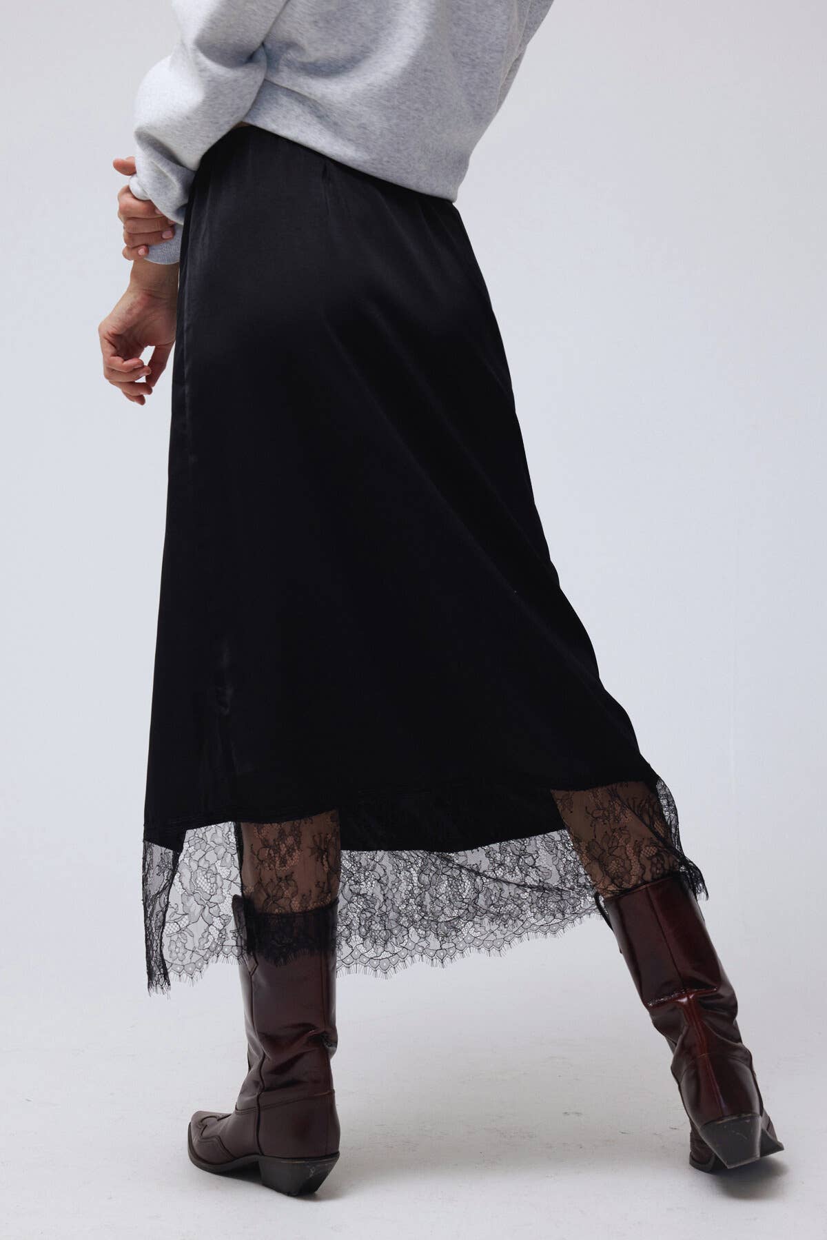 Lace Trim Satin effect Comfy Slit Midi Skirt