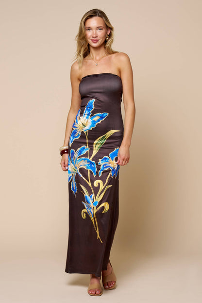 Strapless Floral Print Maxi Dress