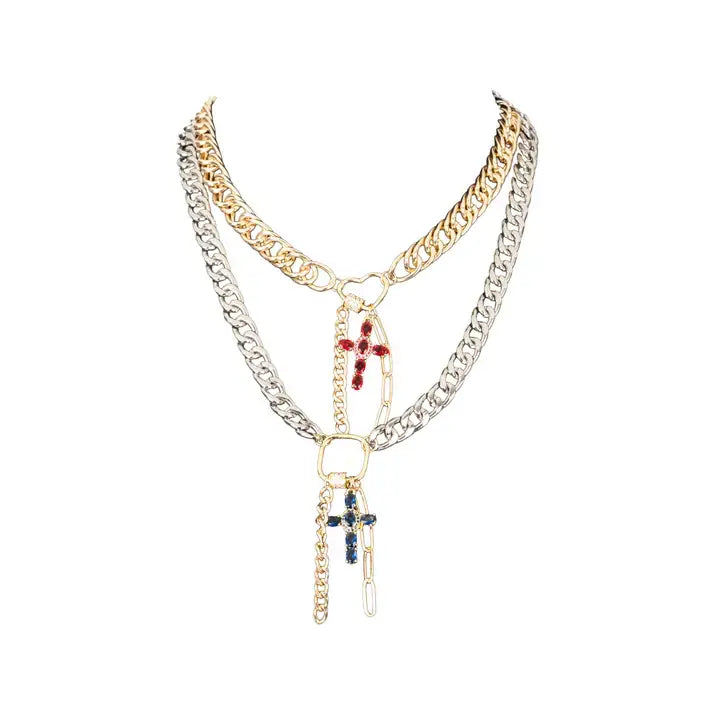 Mixed Metal Layered Necklace with Cross Charms Gold & Silver