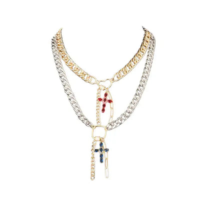 Mixed Metal Layered Necklace with Cross Charms Gold & Silver
