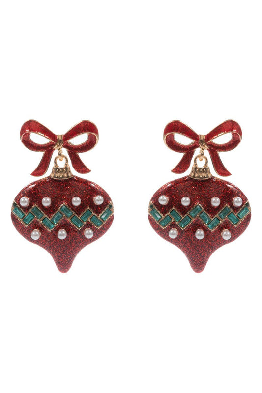 Red Bow with Red and Green Glitter Ornament 2" Christmas Earring