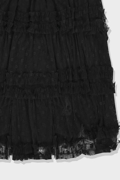 Ruffled Layers/Floral Lace Midi Skirt in Black