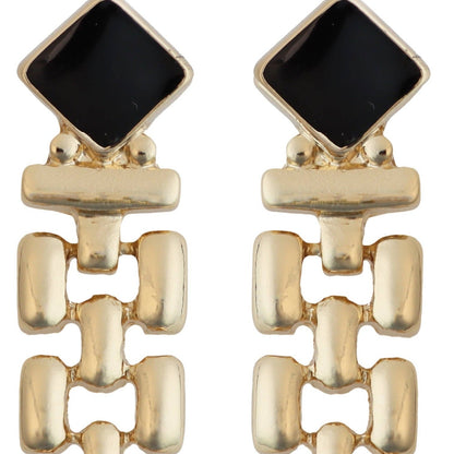 Black Enamel Square with Gold Geometric Drop 2" Earring