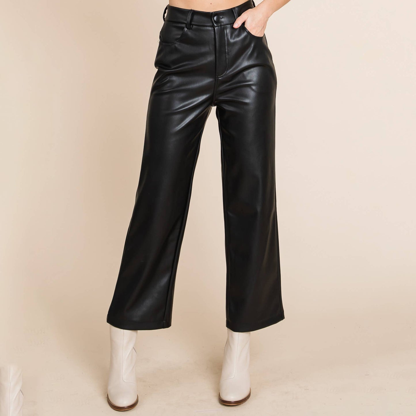 Wide Leg Fleece Faux Leather Pants