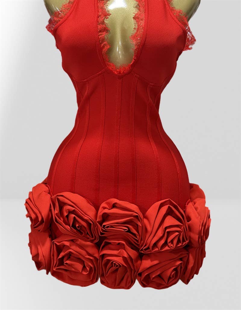 Elegant Red Halter Neck Lace Flower Bandage Skirt