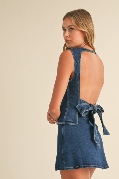 Denim Open Back Top With Bow Detail & Mini Skirt