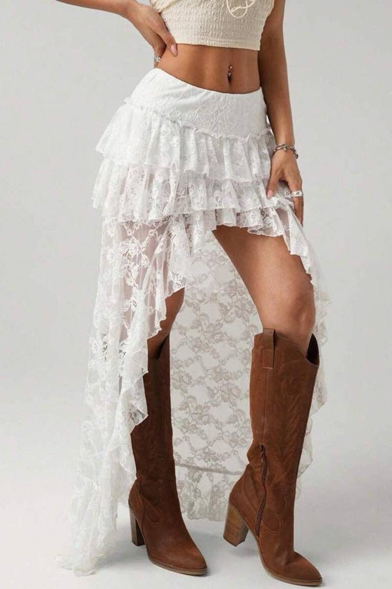 Ruffled Asymmetrical High Low Skirt