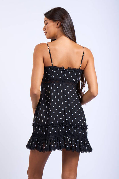 Polka Dot Sweetheart Lace Trim Preppy Mini Dress