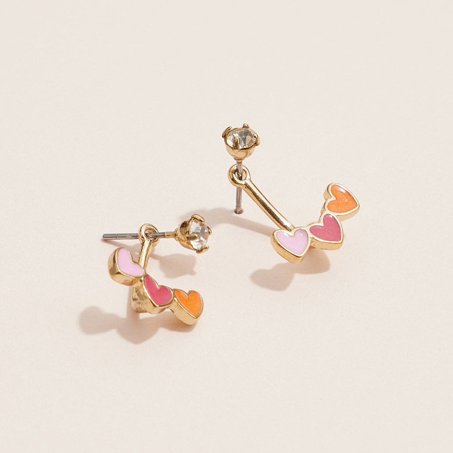 Heart Ear Jacket Enamel Earrings with Crystal Studs