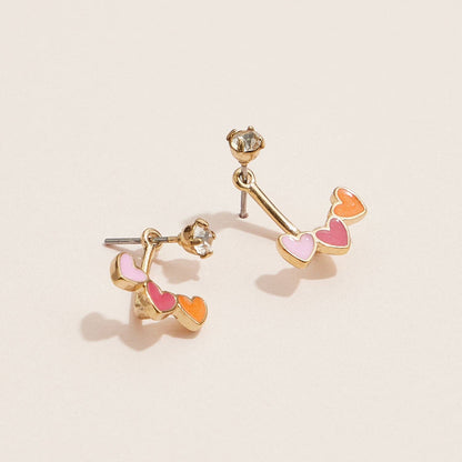 Heart Ear Jacket Enamel Earrings with Crystal Studs