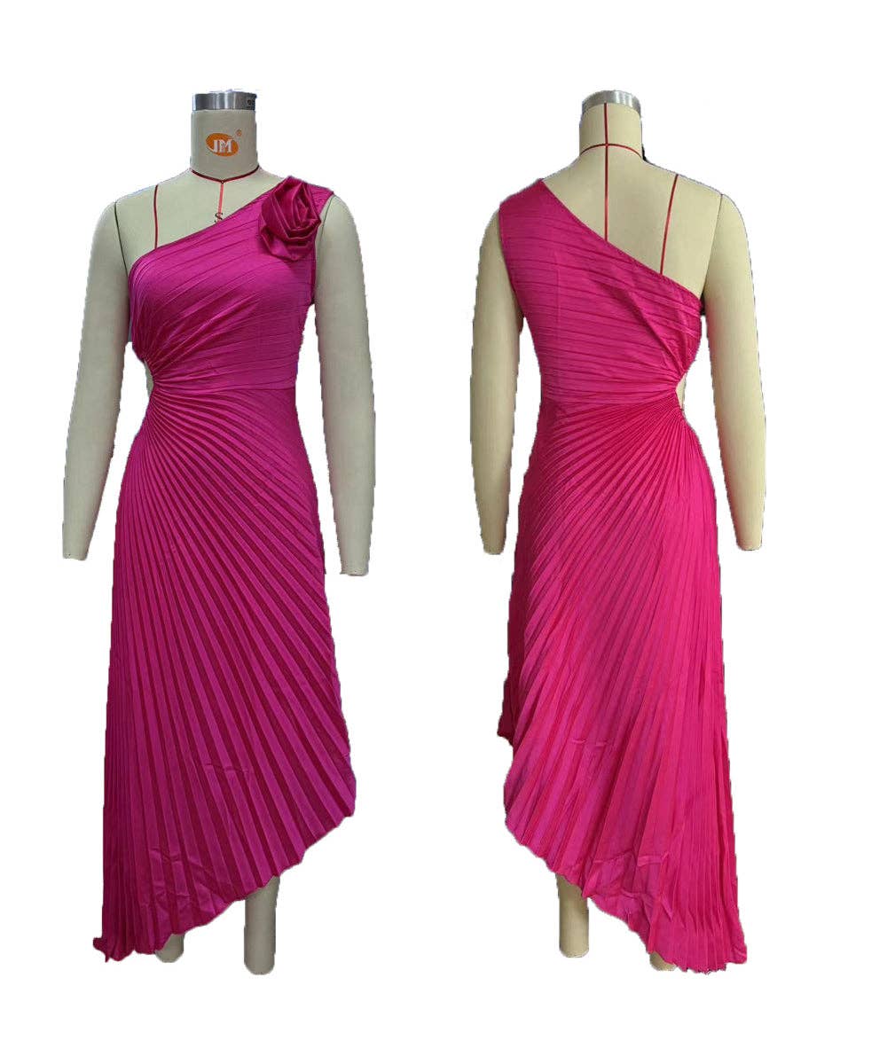Asymmetric Shoulder Pleated Gown