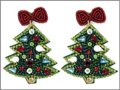 Christmas Tree Green w/ Crystal Ornaments Seed Bead Earring