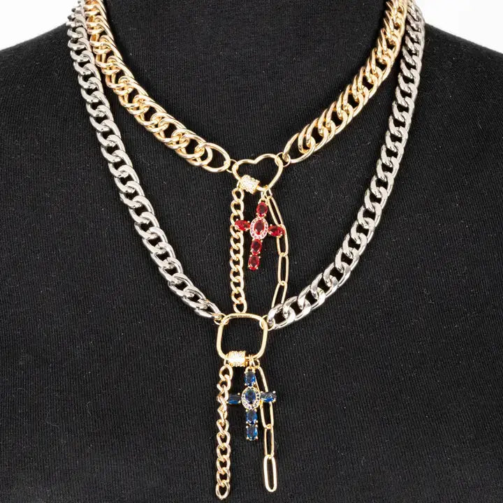 Mixed Metal Layered Necklace with Cross Charms Gold & Silver