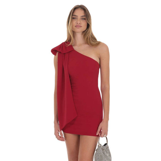 One Shoulder Bow Dress in Red