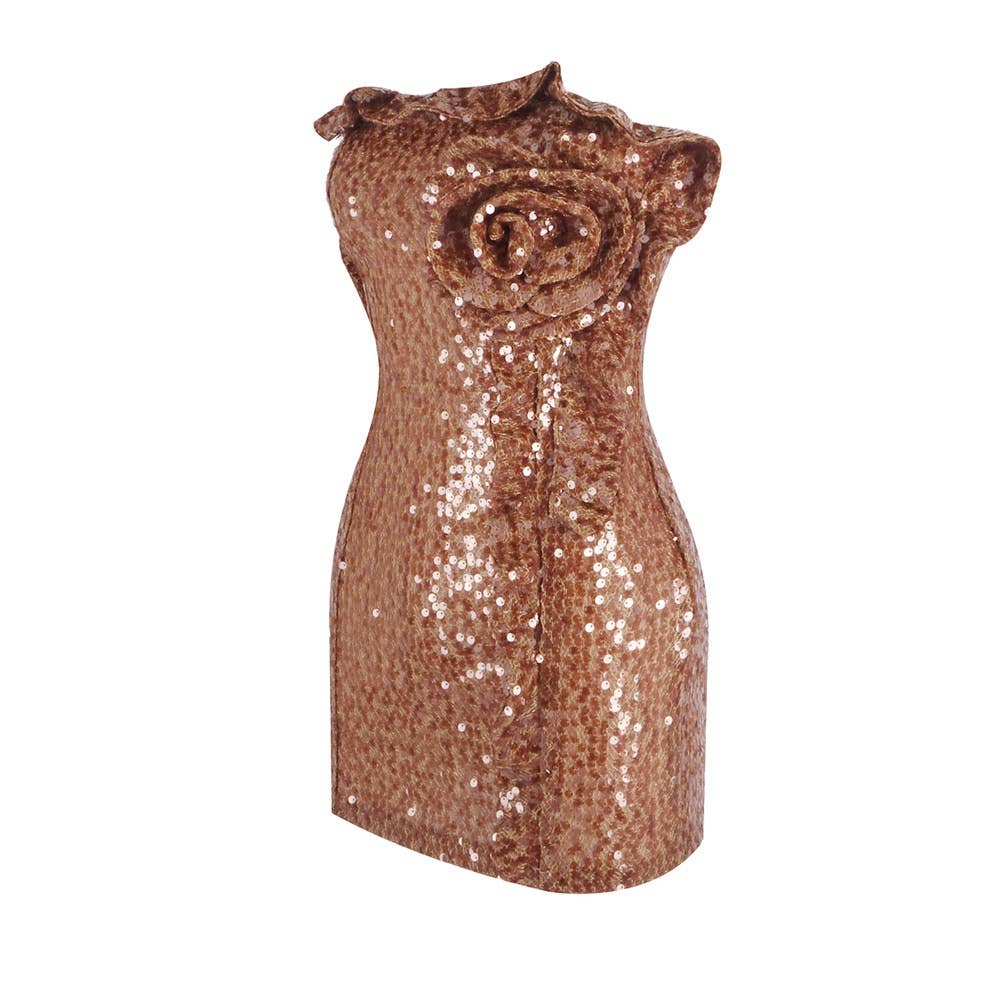 3D Floral Sequin Strapless Ruffle Evening Dress