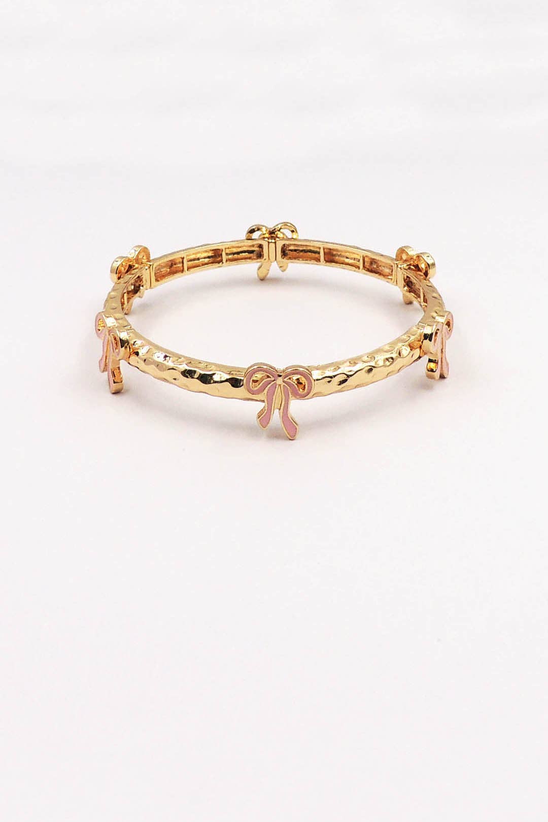 Gold Metal Hammered Stretch Bracelet with Pink Bows