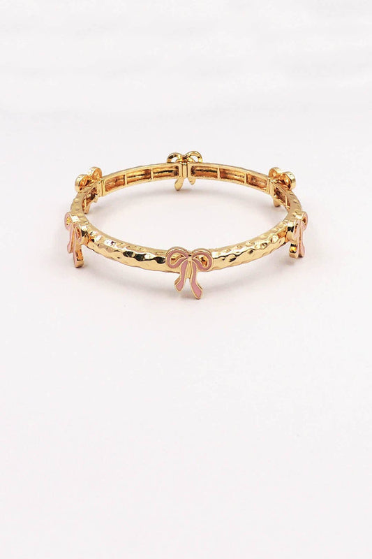 Gold Metal Hammered Stretch Bracelet with Pink Bows