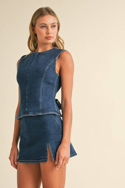 Denim Open Back Top With Bow Detail & Mini Skirt