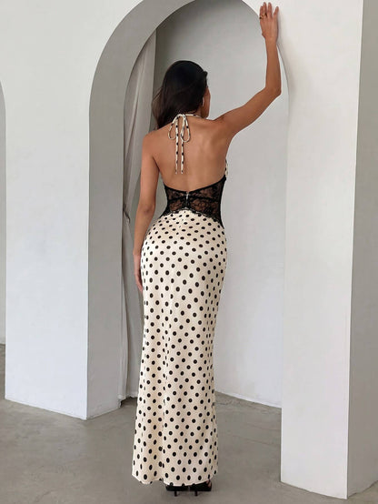 Vintage Polka Dot Backless Maxi Dress