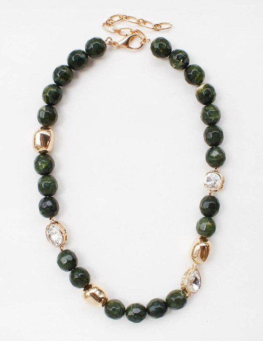 Green, Cream, and Gold Natural Stone 8mm Beaded  16"-18" Necklace