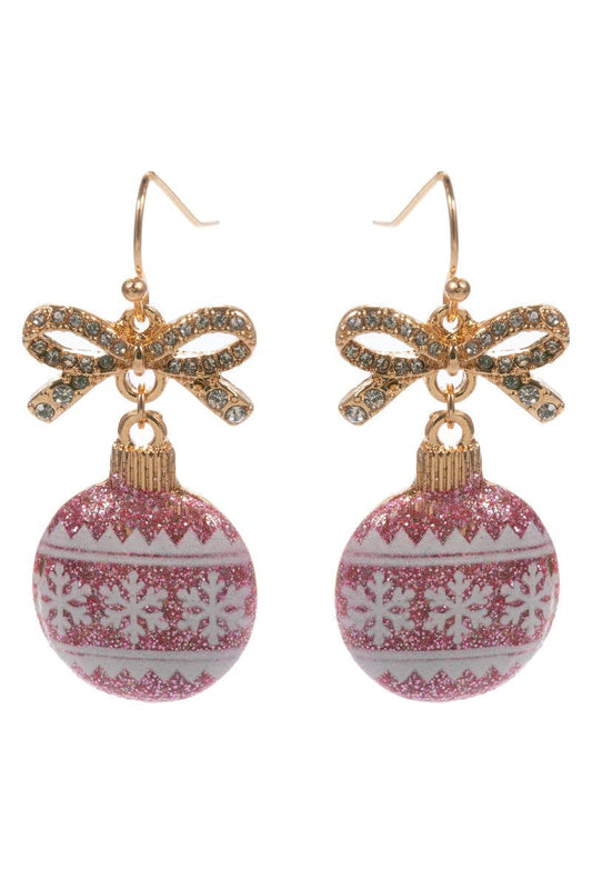 Gold Bow with Pink and White Glitter Ornament 2" Christmas Earring