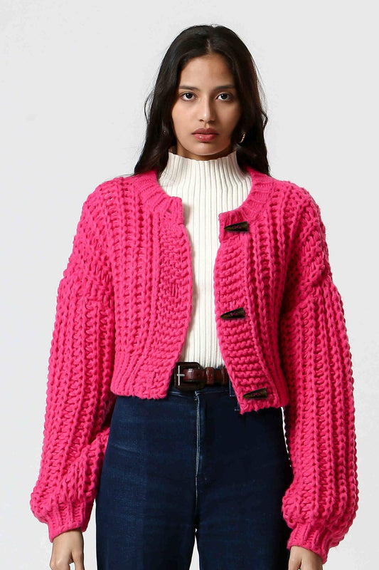 Ladies Cropped Button-Down Knit Cardigan