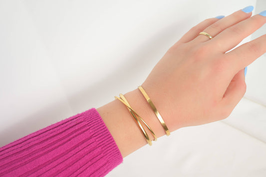 18k Gold Cuff Bracelets - X Cuff Bracelet - Bar Open Bangle