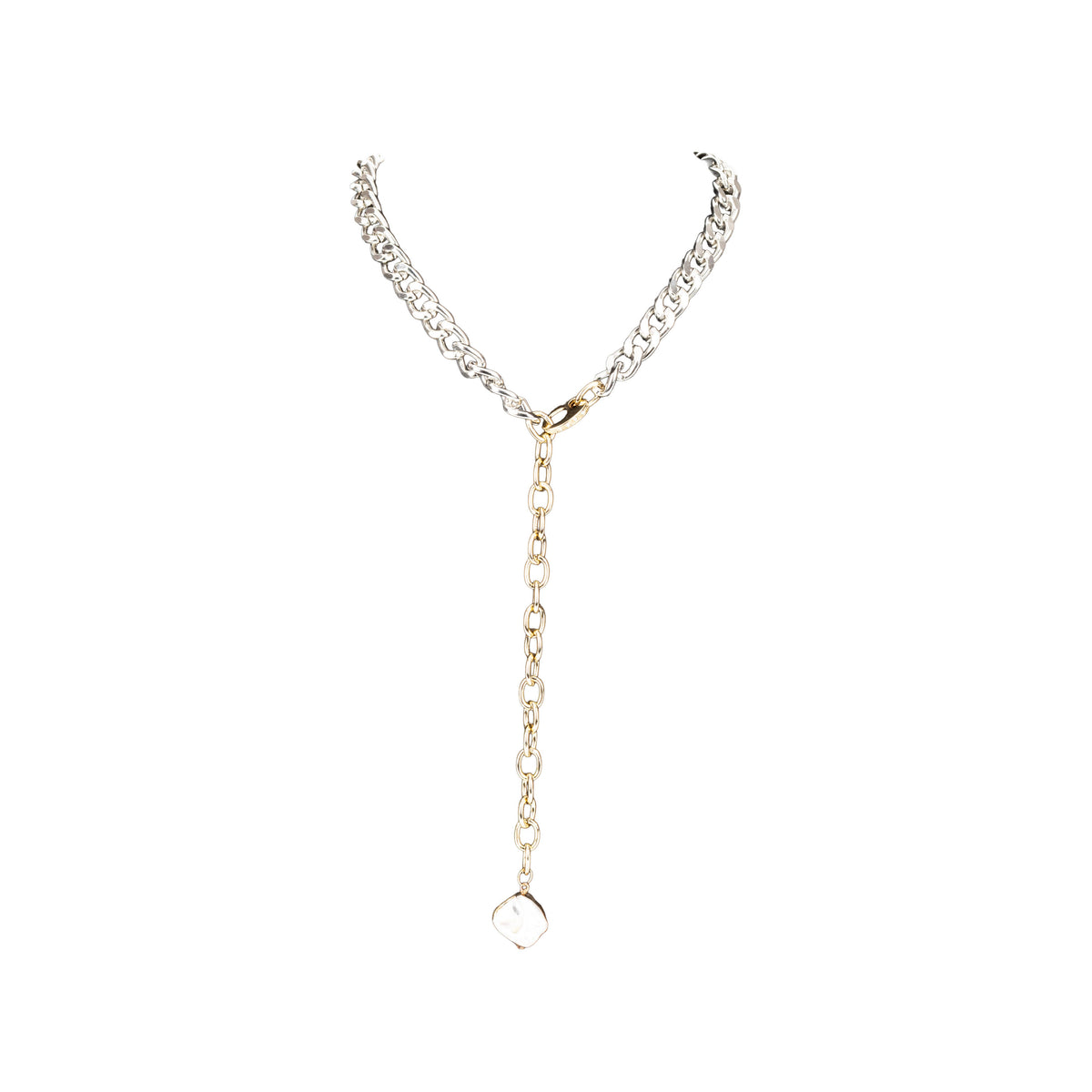 Two-Tone Chain Necklace with Pearl Drop