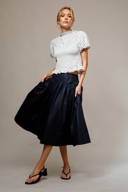 Polka Dot Smocked Mock Neck Top