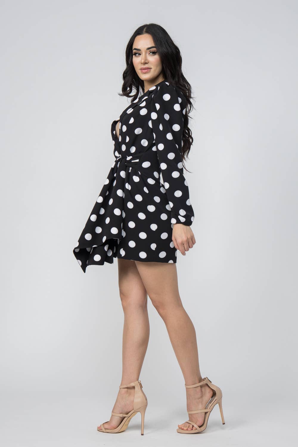 Polka Dot Front Tie Puff Sleeve Mini Dress