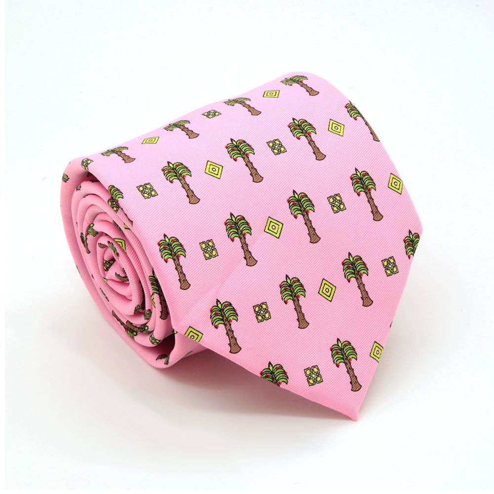 Palm Tree Pink Necktie with Handkerchief Set