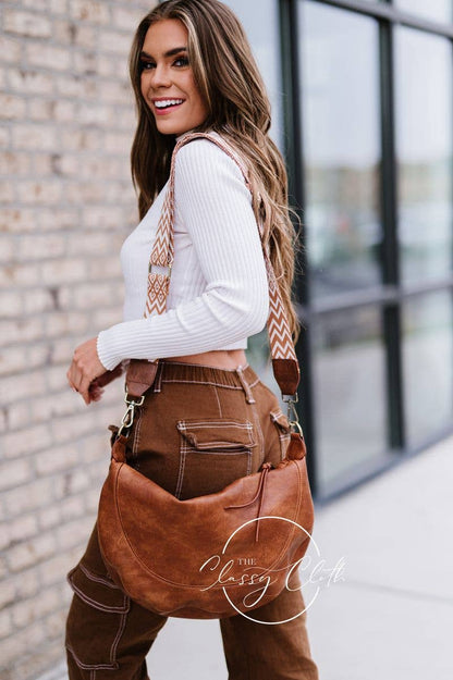 Camila Crescent Moon Bag - Tan White Aztec