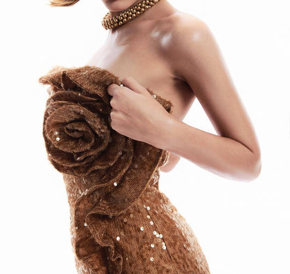 3D Floral Sequin Strapless Ruffle Evening Dress