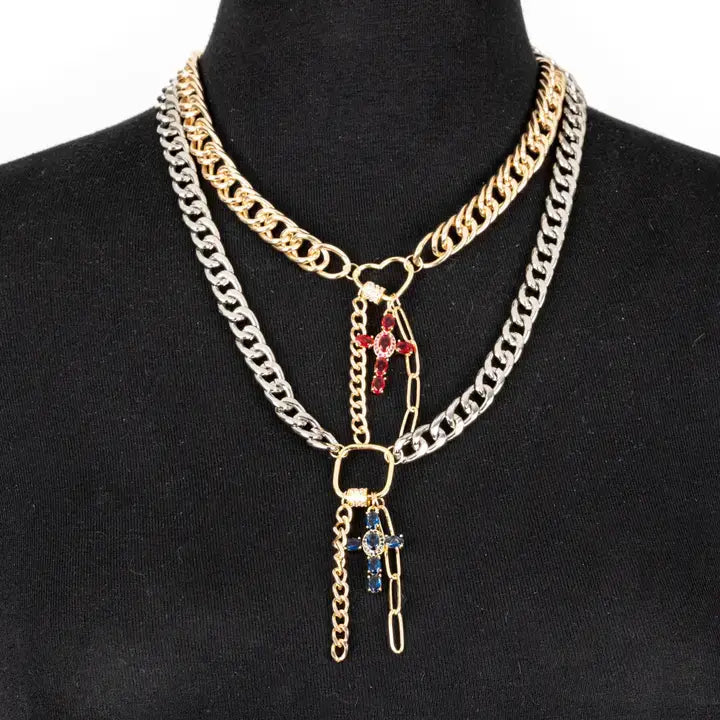 Mixed Metal Layered Necklace with Cross Charms Gold & Silver