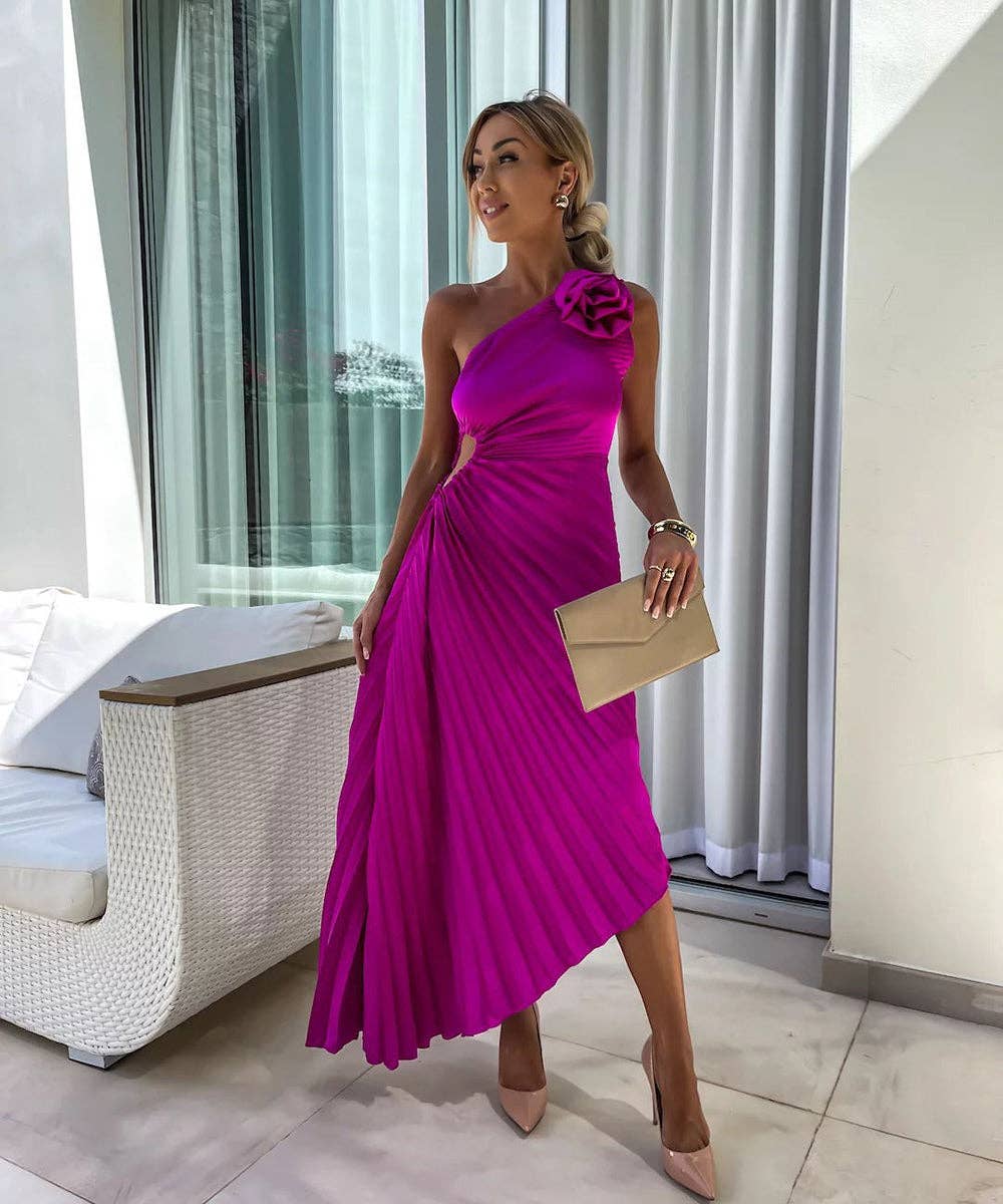 Asymmetric Shoulder Pleated Gown