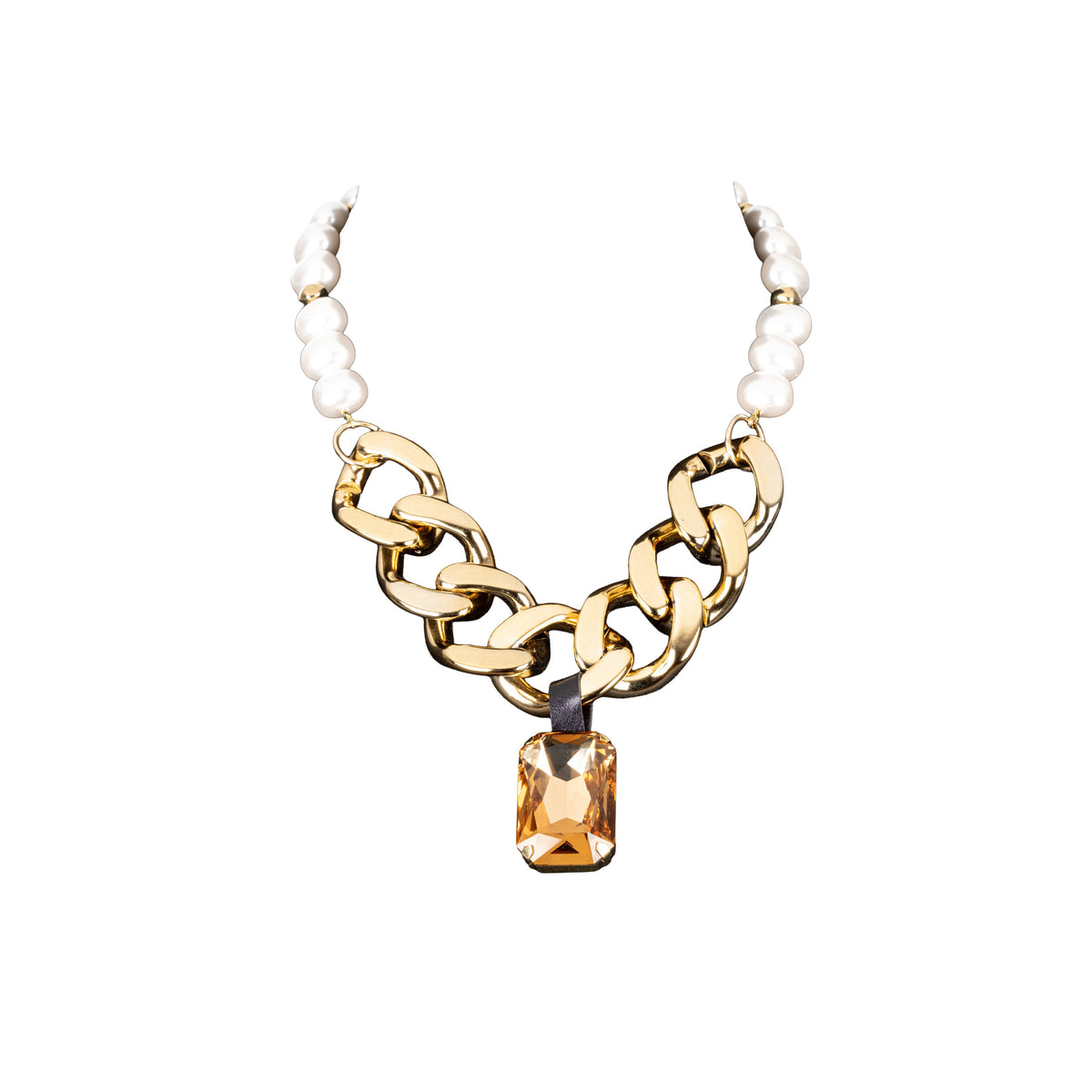 Gold Chain & Pearl Necklace with Amber Crystal Pendant