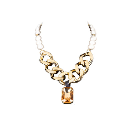 Gold Chain & Pearl Necklace with Amber Crystal Pendant