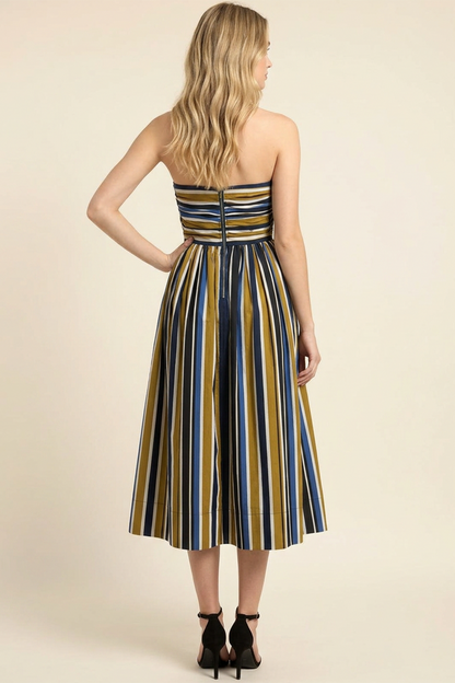 MULTI-COLOR STRIPE RUCHED TUBE MIDI DRESS - 6608DD