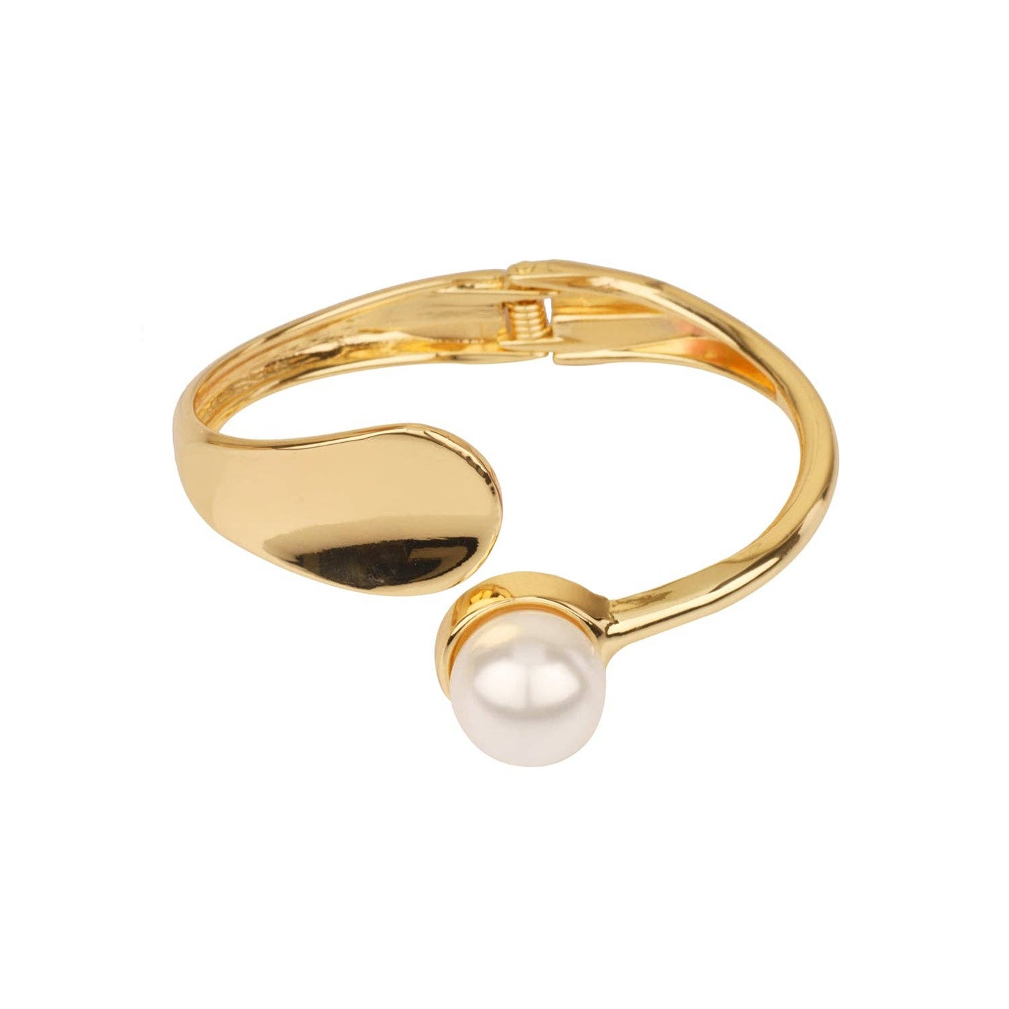 Gold Hinged Bracelet with Pearl Accents at the End