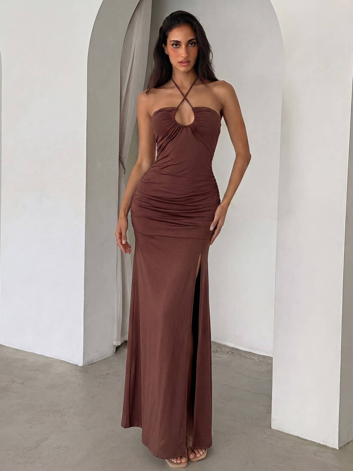 Brown Elegant Strap Maxi Dress with High Slit