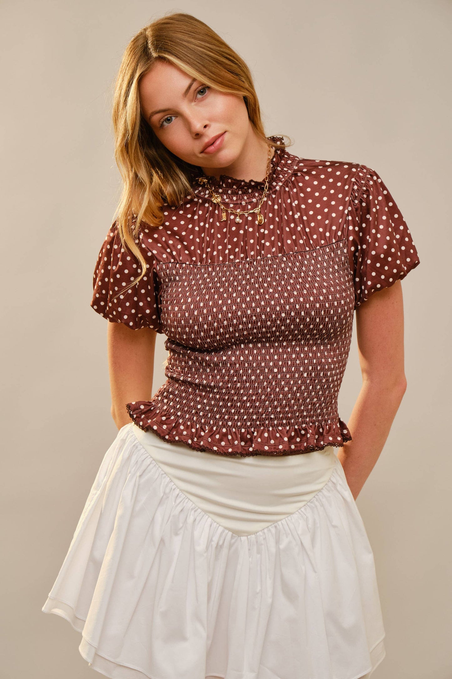 Polka Dot Smocked Mock Neck Top