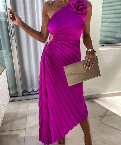 Asymmetric Shoulder Pleated Gown